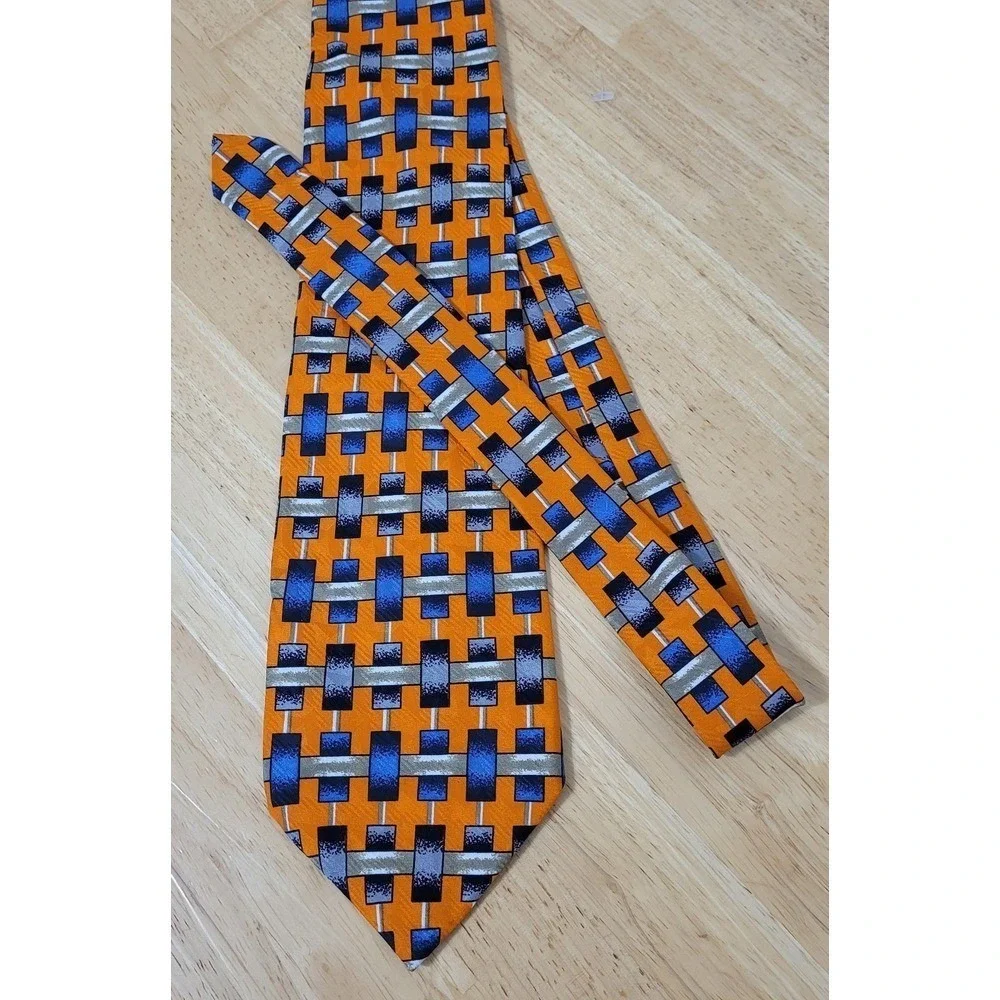 Robert Talbott Studio Men's Tie Orange/ Blue   Geometric Silk Printed‎ Necktie